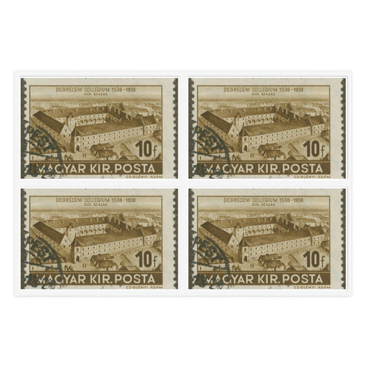 Frimärke ur Gösta Bodmans filatelistiska motivsamling, påbörjad 1950.Frimärke från Ungern, 1938. Motiv av Ungerns Universitet i Debreczen på 1700-talet. "400-årsminne: 1538-1938". Laminated UV Protective Vinyl Stickers