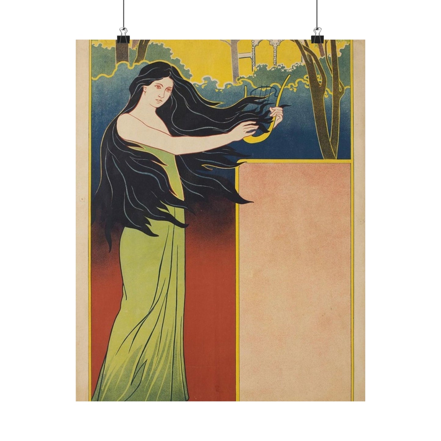 A painting of a woman with long black hair. Vintage art deco, beauty fashion. High Quality Matte Wall Art Poster for Home, Office, Classroom