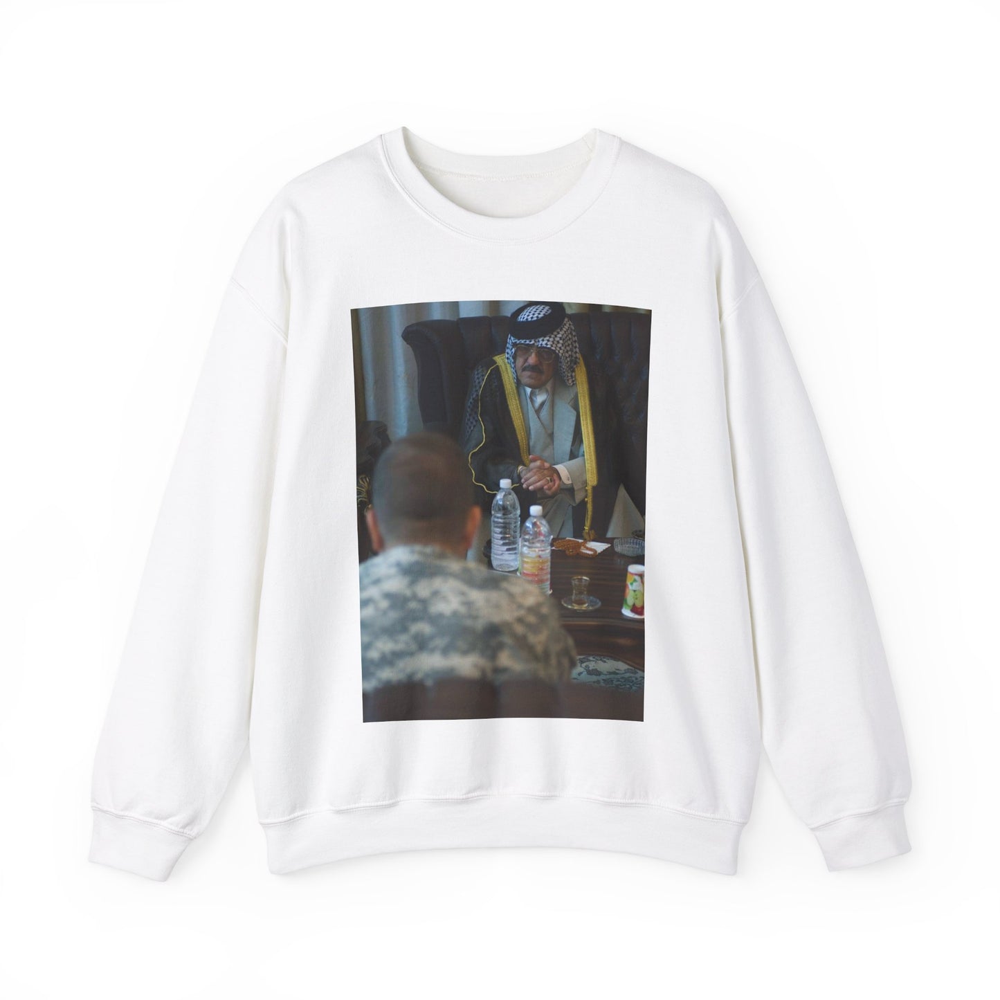 Sheik Mohammed al-Jorani listens to Col. Peter Baker, White Heavy Blend Adult Crew Neck SweatShirt