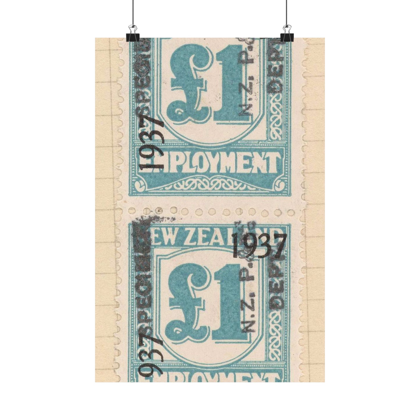 Block of one pound Unemployment Relief stamps overprinted '1937' and 'Specimen' High Quality Matte Wall Art Poster for Home, Office, Classroom
