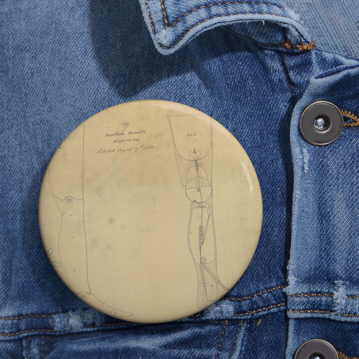 Patent drawing - for Jonathan Russell's Artificial Leg Public domain  image Pin Buttons with Crisp Design