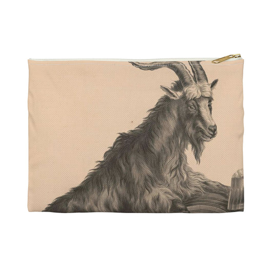 Giant bock goat resting on a keg, holding a mug of beer, men under the goat scrambling Large Organizer Pouch with Black Zipper