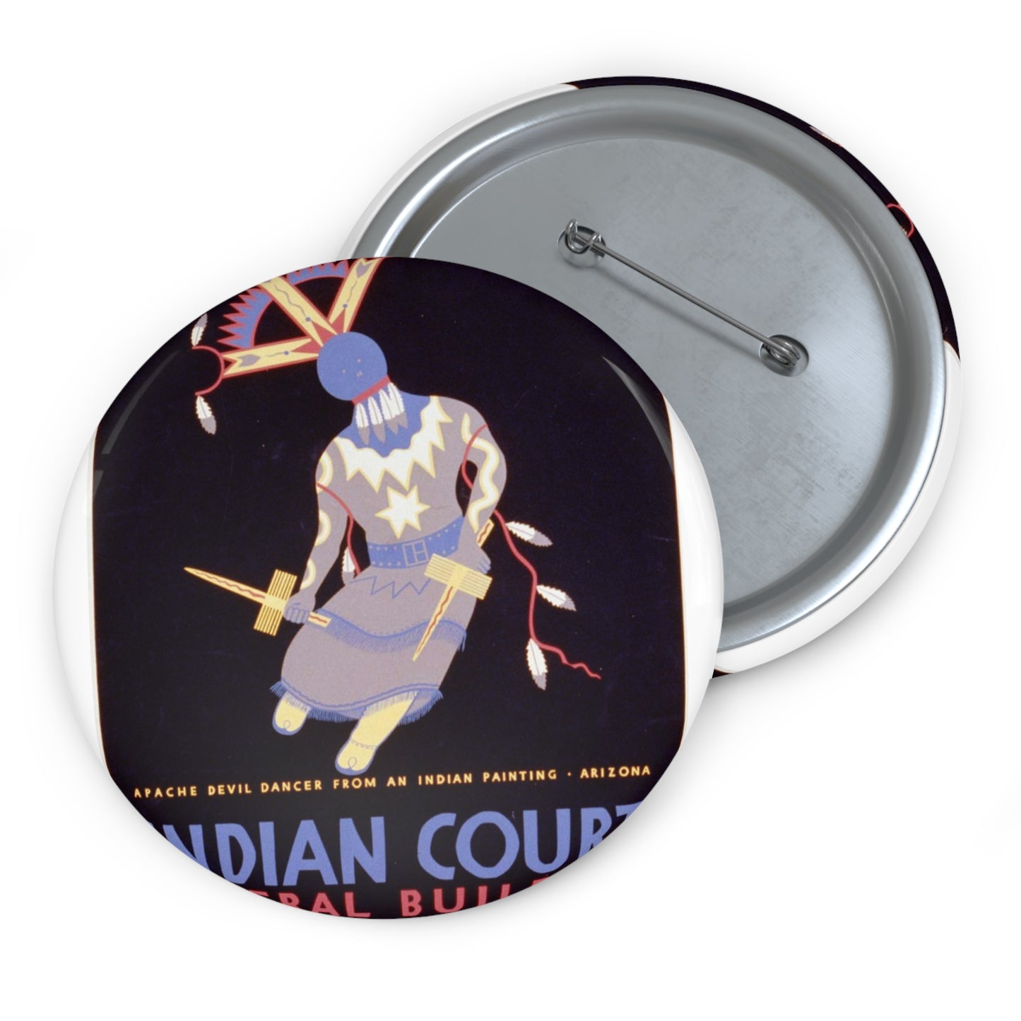 Indian court, Federal Building, Golden Gate International Exposition, San Francisco, 1939 Apache devil dancer from an Indian painting, Arizona / / Siegriest. Pin Buttons with Crisp Design