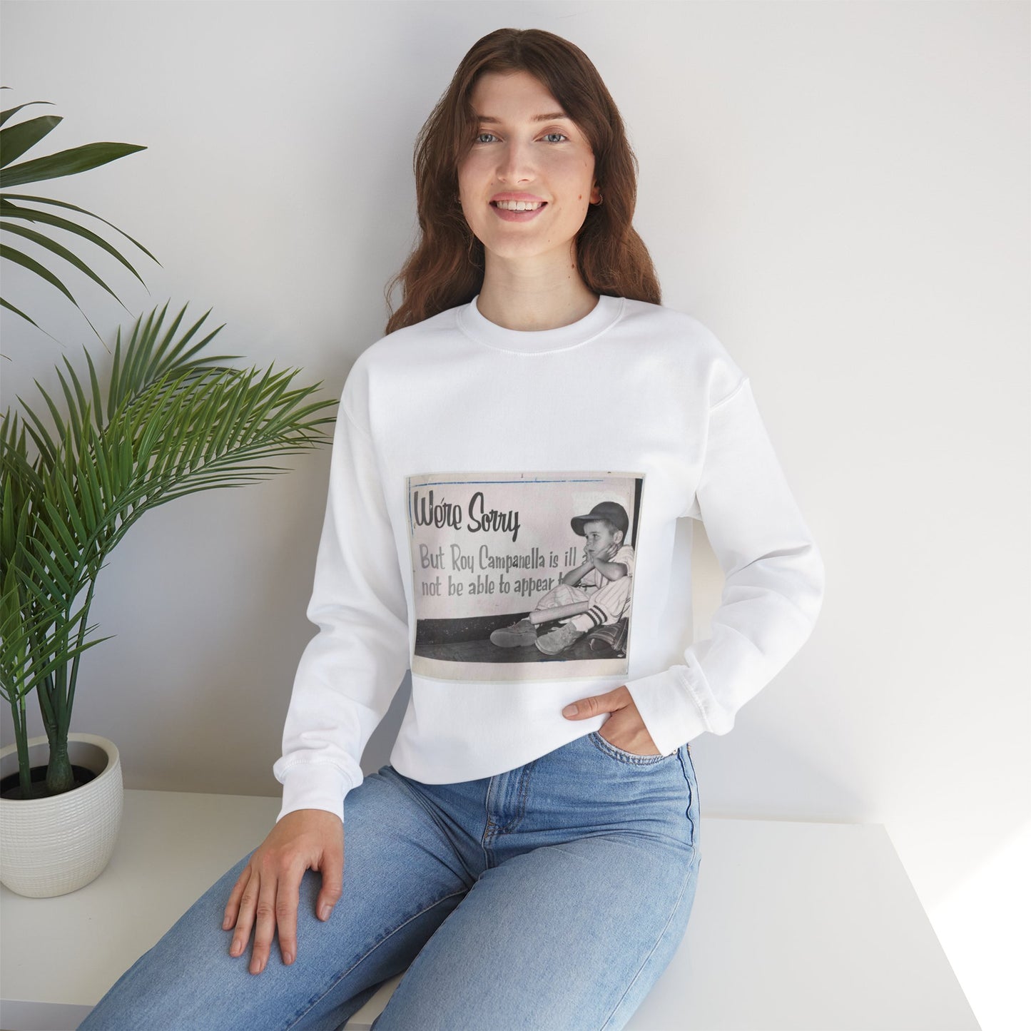 "We're sorry, but Roy Campanella is ill a[nd ...] not be able to appear [...] / World Telegram & Sun photo by Roger Higgins. White Heavy Blend Adult Crew Neck SweatShirt