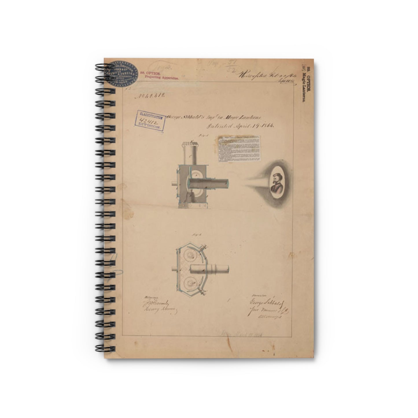 Patent drawing - Drawing of Improvement in Magic Lanterns Public domain  image Spiral Bound Ruled Notebook with Printed Cover