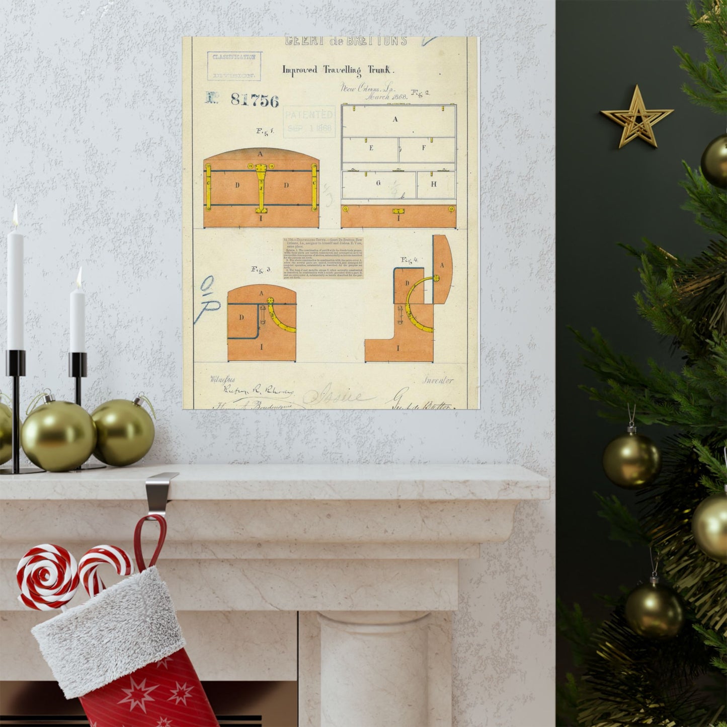 Patent drawing - Drawing of an Improved Traveling Trunk Public domain  image High Quality Matte Wall Art Poster for Home, Office, Classroom