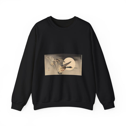 Koson - geese-in-flight-before-a-full-moon Black Heavy Blend Adult Crew Neck SweatShirt