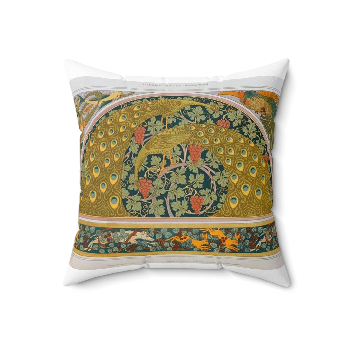 Poissons et algues, coq, écoinçon; paons et vigne; lièvres, chiens et ronces, bordure Decorative Accent Square Pillow