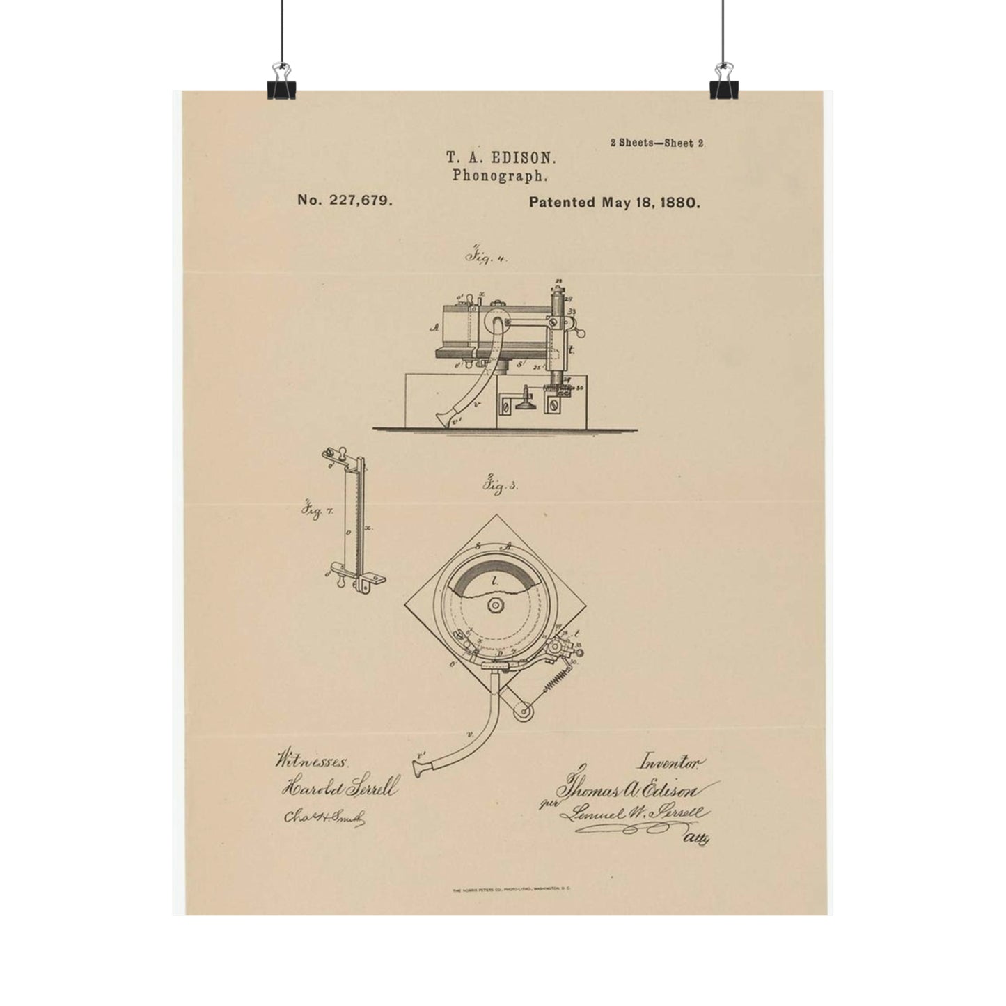 Patent Drawing of Engine - Drawing for a Phonograph Public domain  image High Quality Matte Wall Art Poster for Home, Office, Classroom