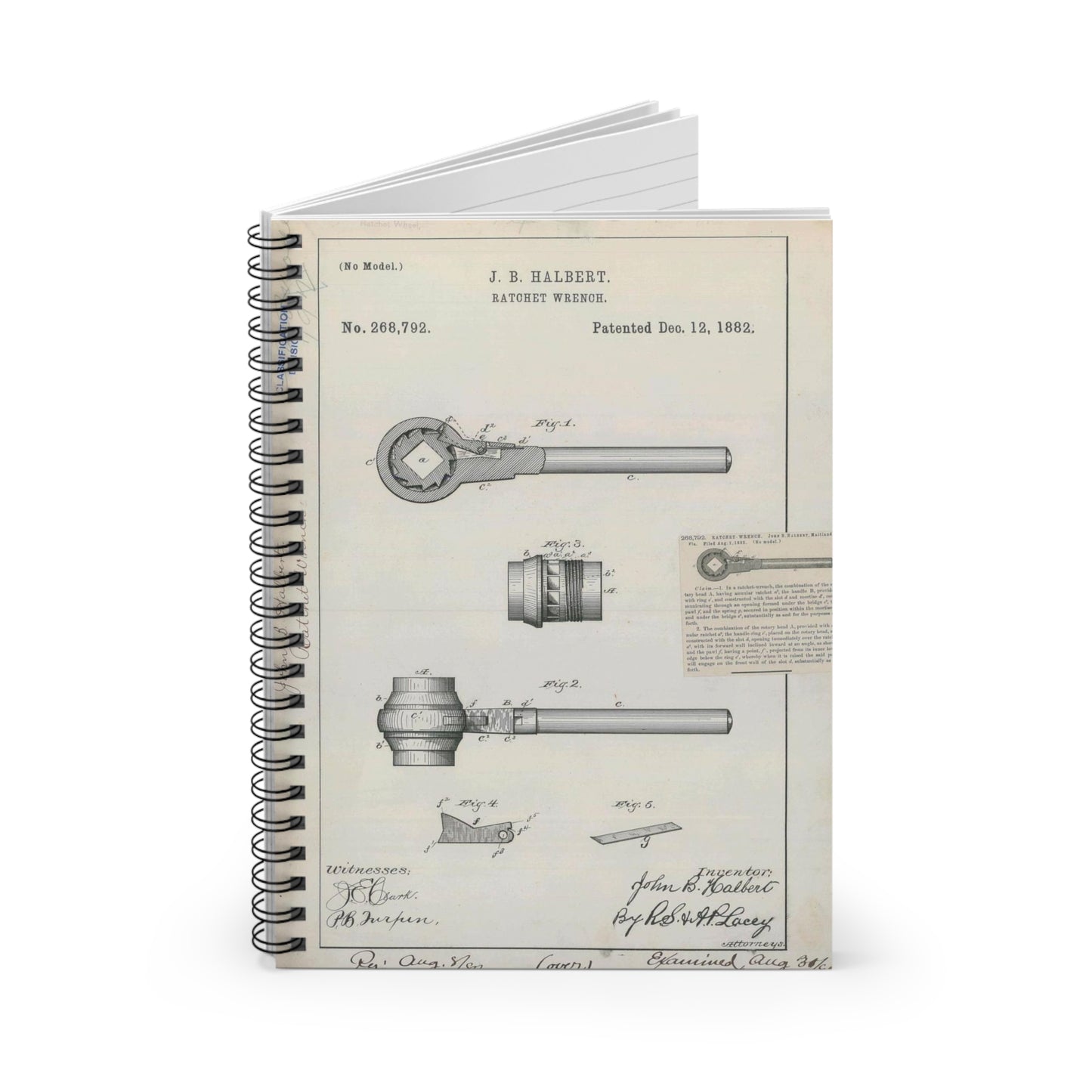 Patent Drawing of Engine - for J. B. Halbert's Ratchet Wrench Public domain  image Spiral Bound Ruled Notebook with Printed Cover