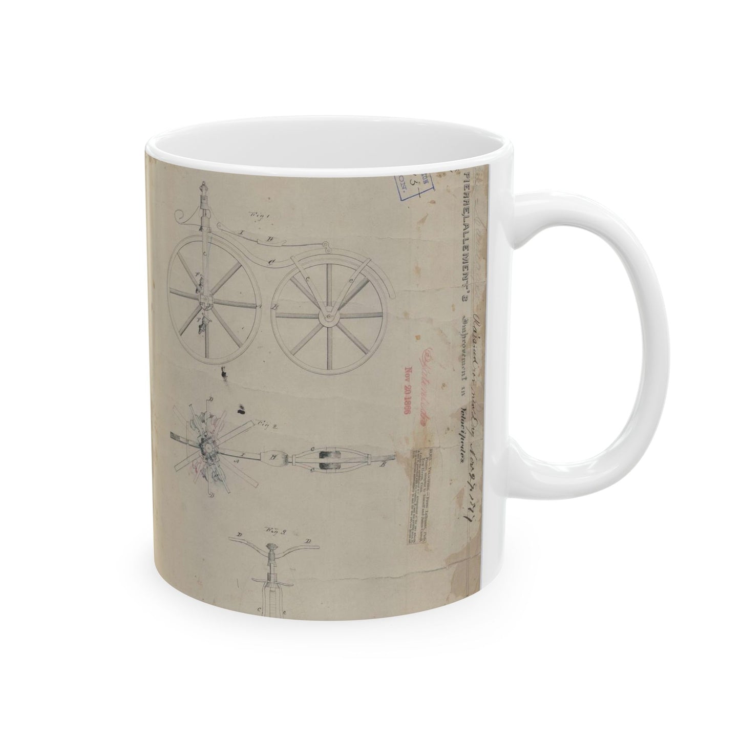 Patent drawing - for Pierre Lallement's Improvement in Velocipedes Public domain  image Beautiful Novelty Ceramic Coffee Mug 11oz
