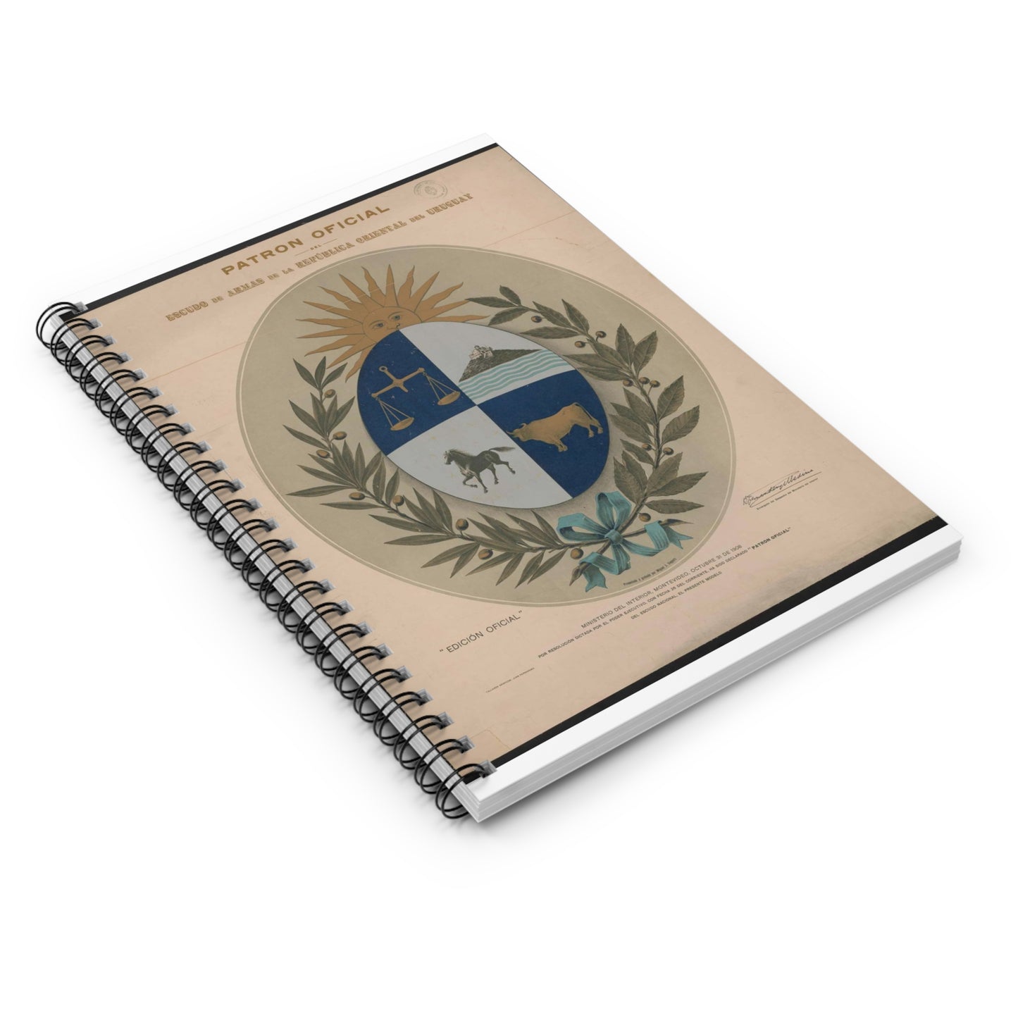 Patron oficial del escudo de armas de la Republica Oriental del Uruguay Spiral Bound Ruled Notebook with Printed Cover