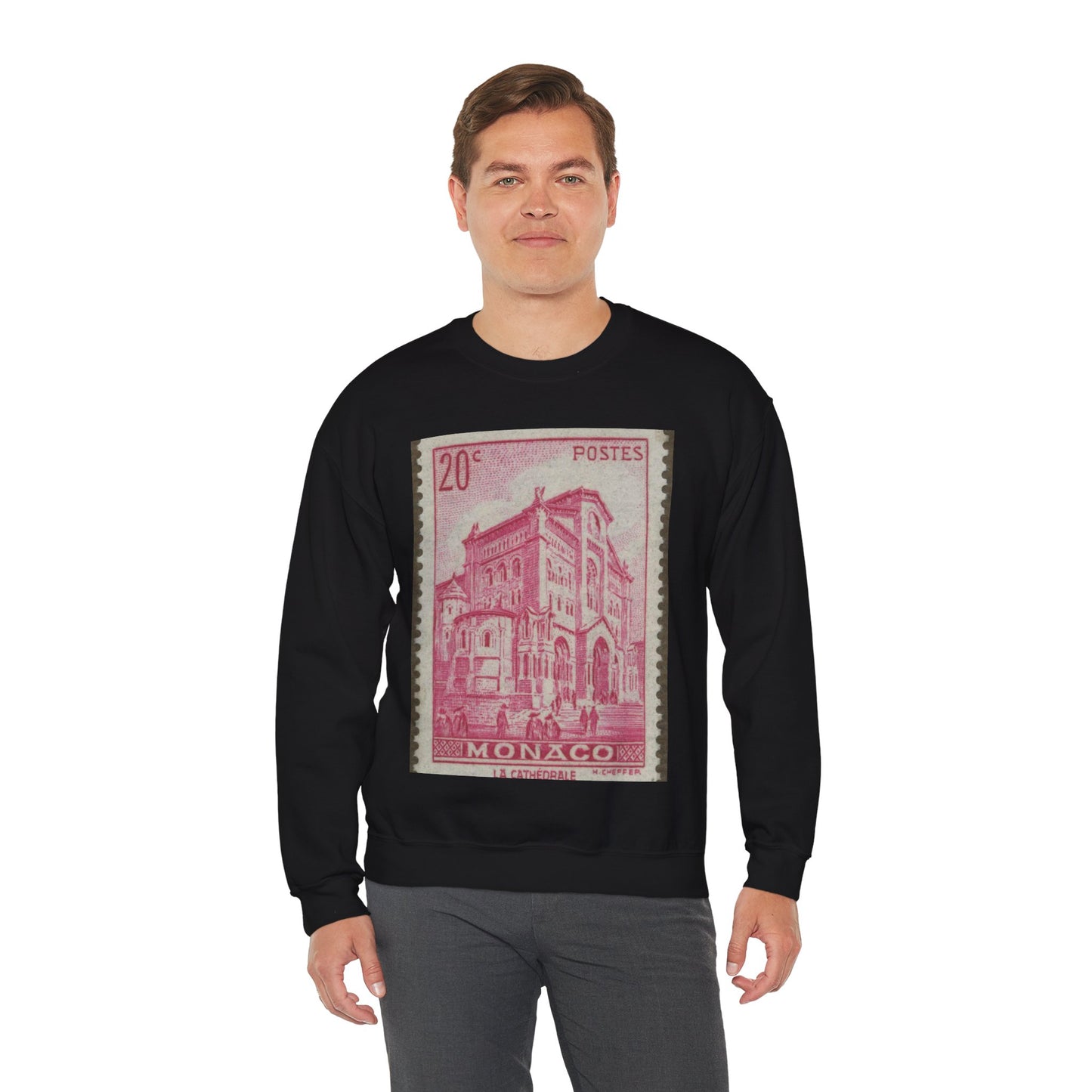 Frimärke ur Gösta Bodmans filatelistiska motivsamling, påbörjad 1950.Frimärke från Monaco, 1939. Motiv av katedralen i Monaco. Black Heavy Blend Adult Crew Neck SweatShirt