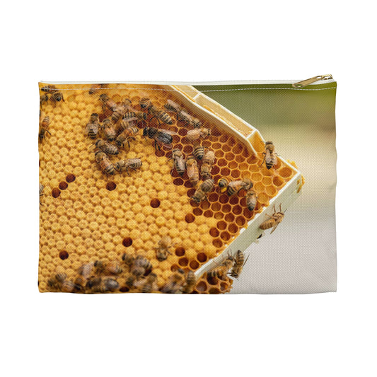 Honey bees transfer pollen to a honeycomb cell. Bee Large Organizer Pouch with Black Zipper