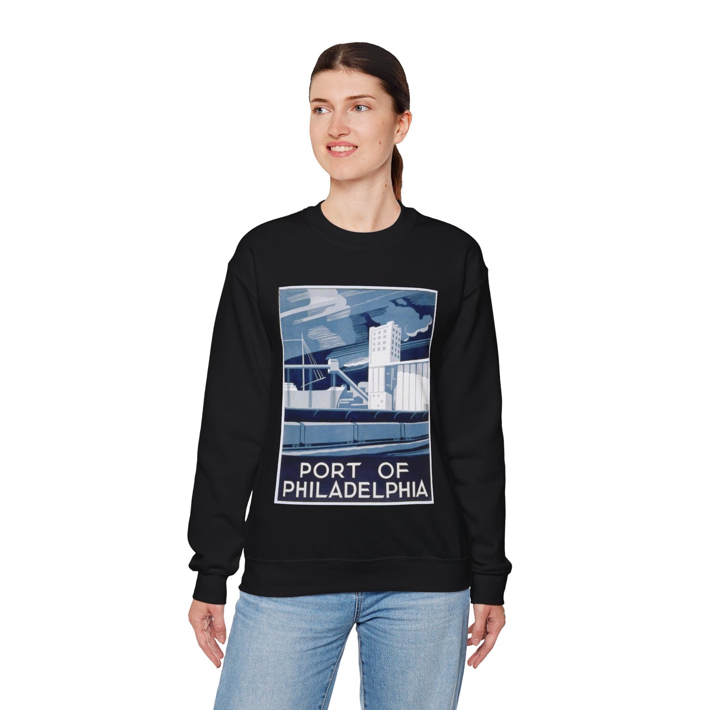 Port of Philadelphia, Art Deco Poster Black Heavy Blend Adult Crew Neck SweatShirt