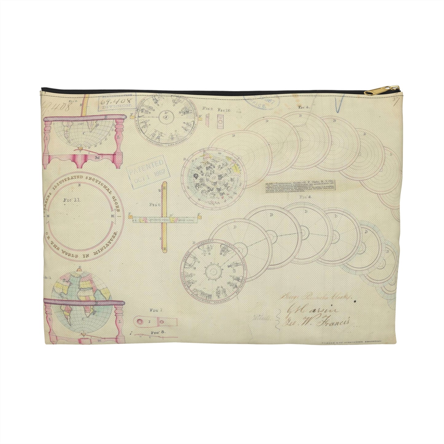 Patent drawing - Drawing of a Terrestrial Globe Public domain  image Large Organizer Pouch with Black Zipper