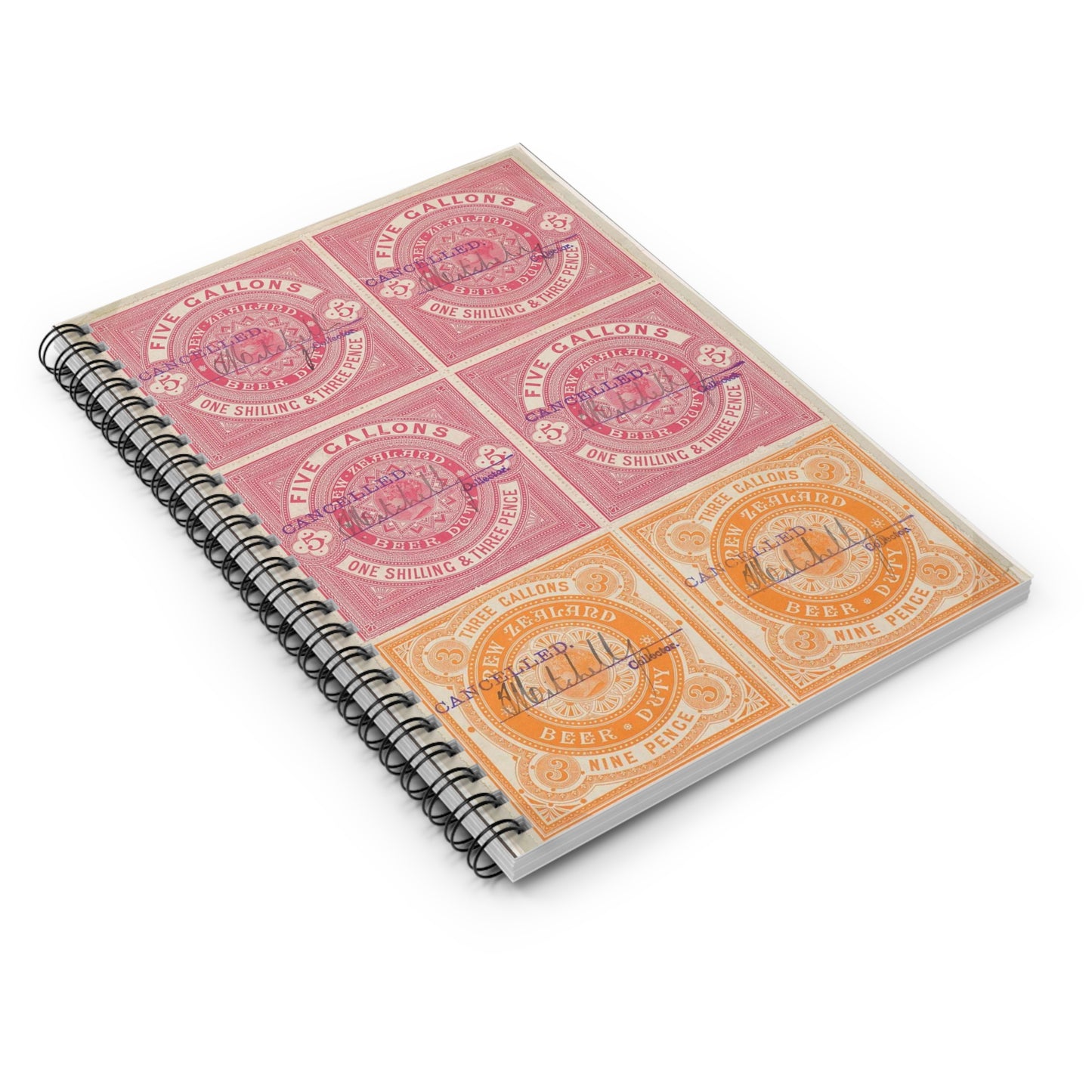 Beer duty stamps, five gallons and three gallons (cancelled) Spiral Bound Ruled Notebook with Printed Cover