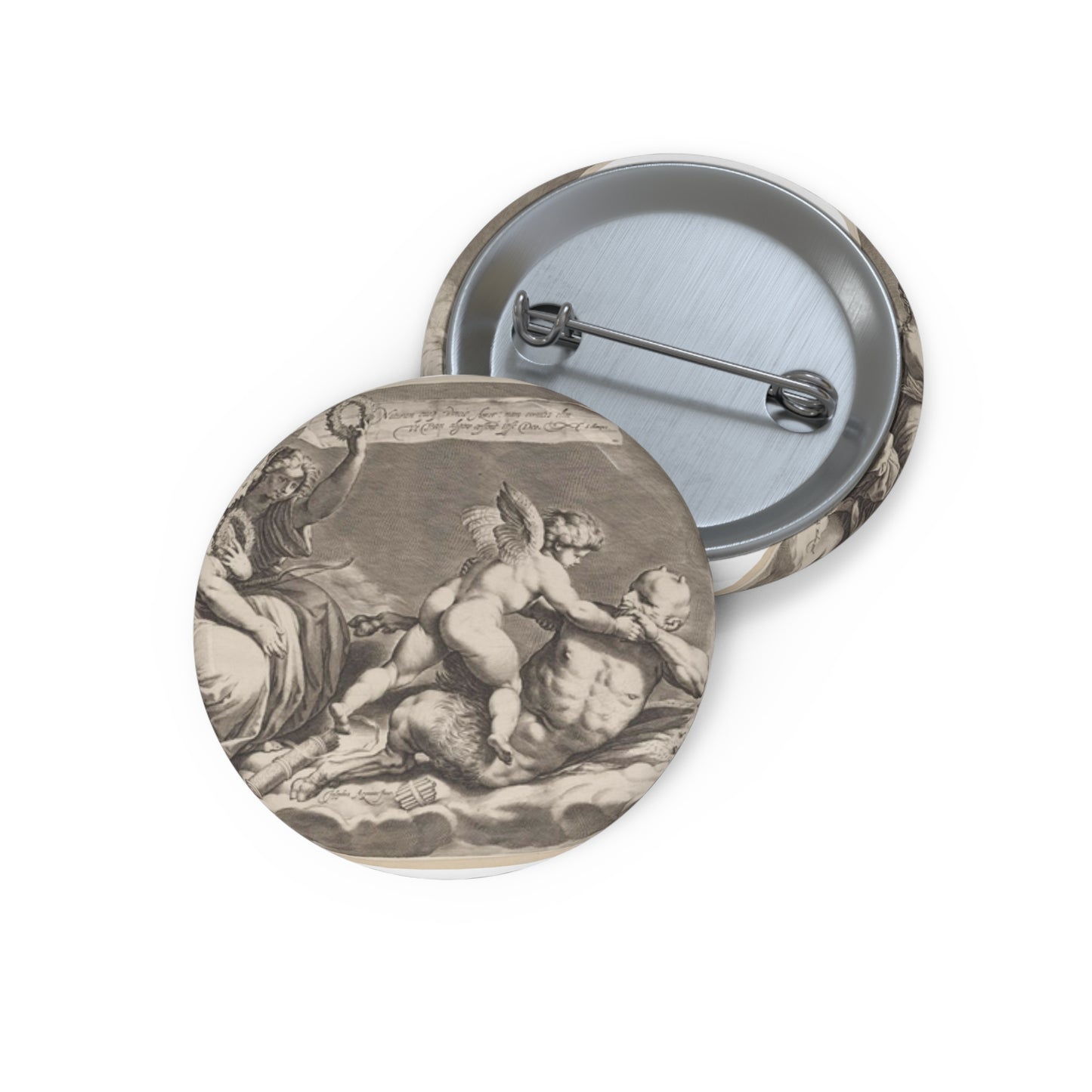 Cupid wrestling with Pan, amongst the clouds, with two allegorical women seated at left Pin Buttons with Crisp Design