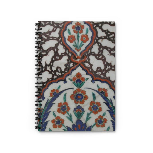 Tile with Floral Cartouche Design on Ebru (Marble Imitation Pattern) Background Spiral Bound Ruled Notebook with Printed Cover