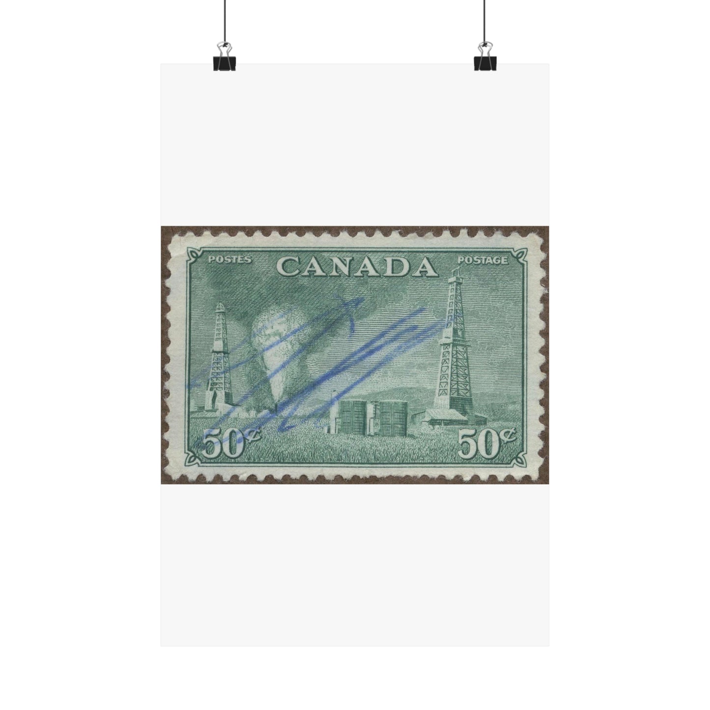 Frimärke ur Gösta Bodmans filatelistiska motivsamling, påbörjad 1950.Frimärke från Canada, 1950. Motiv av petroleumutvinning i Alberta. High Quality Matte Wall Art Poster for Home, Office, Classroom