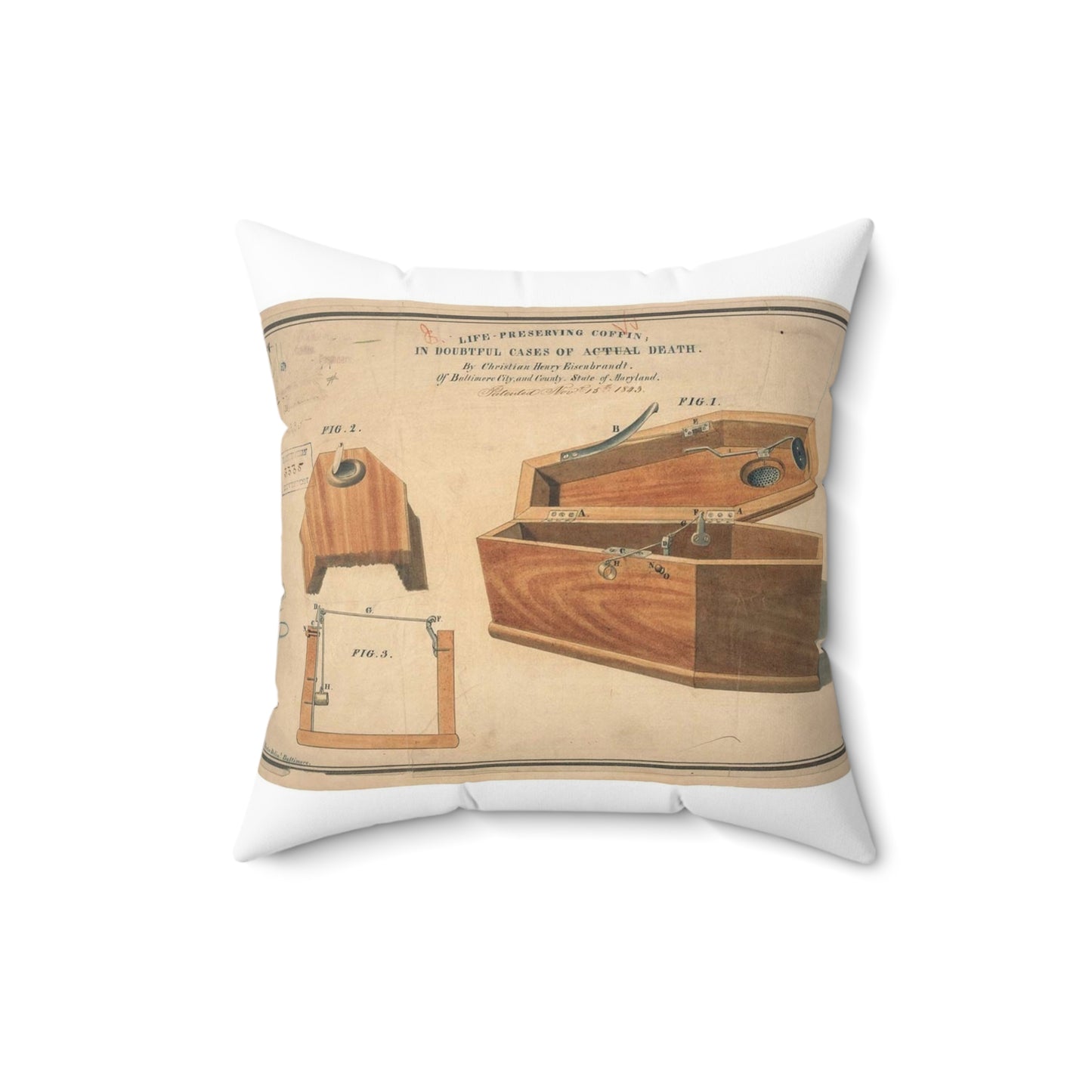 Patent drawing - Drawing for a Life - Preserving Coffin Public domain  image Decorative Accent Square Pillow