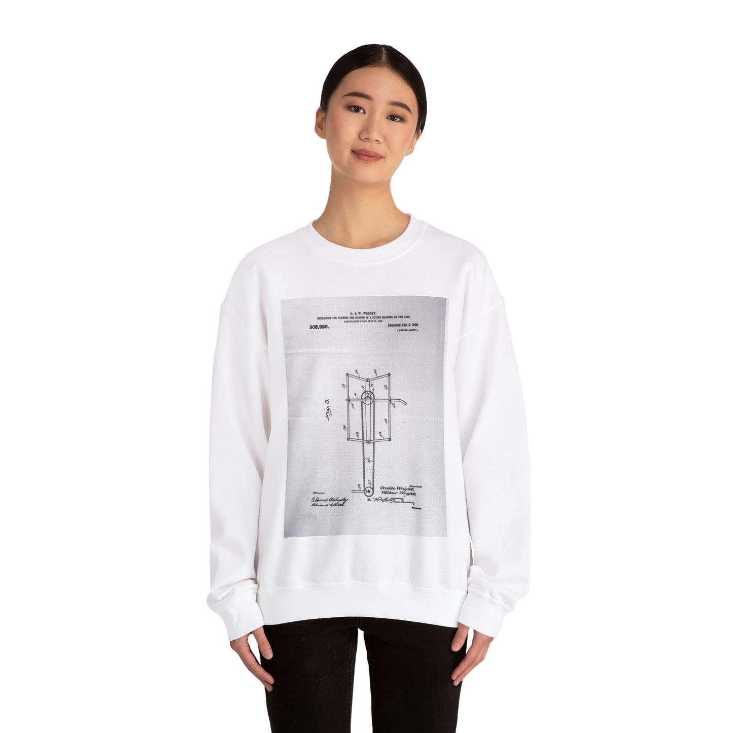 Patent drawing - Subject File:  Patents--By Wright Brothers--USA--filed 15 July 1908, patented 5 January 1909 Public domain  image White Heavy Blend Adult Crew Neck SweatShirt