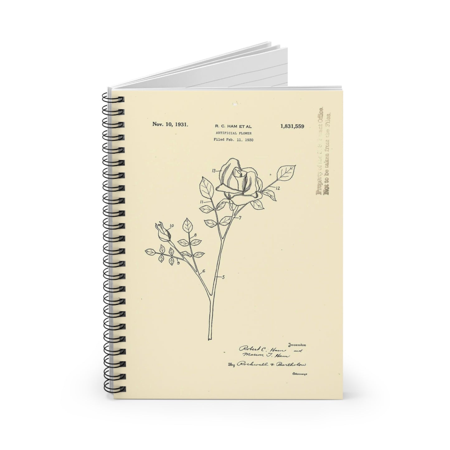 Patent Case File No. 1,831,559, Artificial Flower, Inventor(s)- Robert C. Ham and Marion T. Ham. - DPLA - 08745302078898b8870d70b04cb216a9 (page 5) Spiral Bound Ruled Notebook with Printed Cover