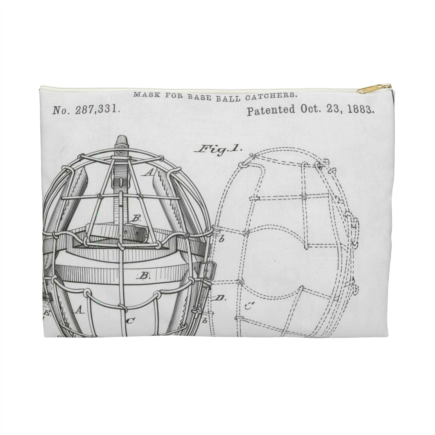 Patent drawing - Drawing of a "Mask for Base Ball Catchers" Public domain  image Large Organizer Pouch with Black Zipper