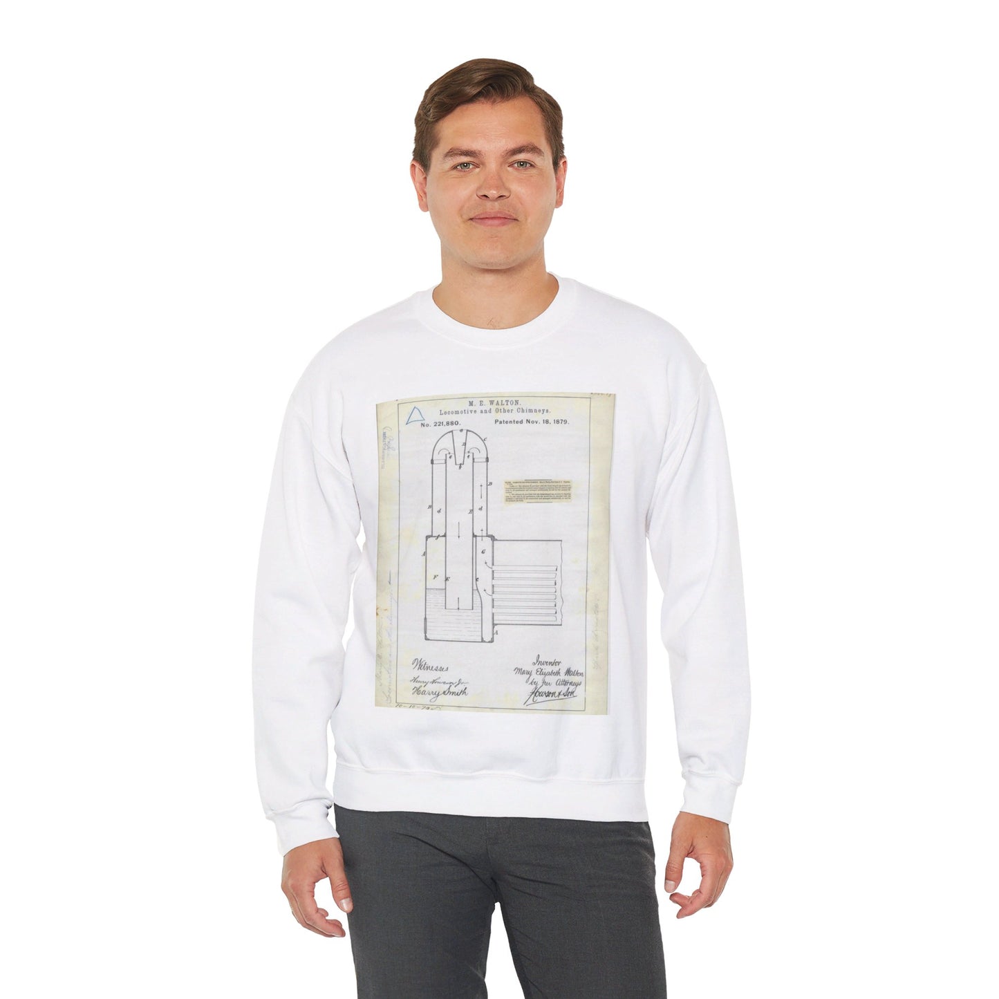 Patent Drawing of Engine - for M. E. Walton's Locomotive and Other Chimneys Public domain  image White Heavy Blend Adult Crew Neck SweatShirt