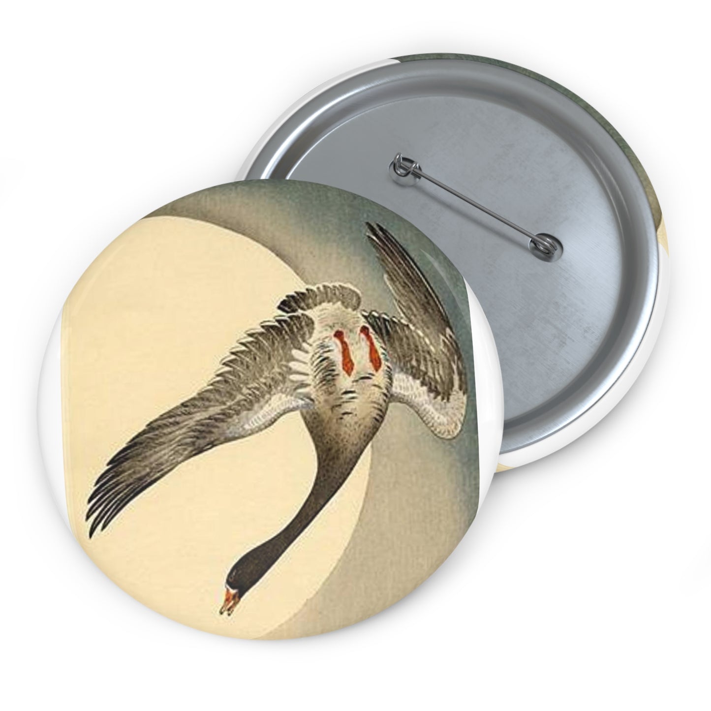 Koson - flying-white-fronted-goose-seen-from-underneath-in-front-of-the-moon Pin Buttons with Crisp Design