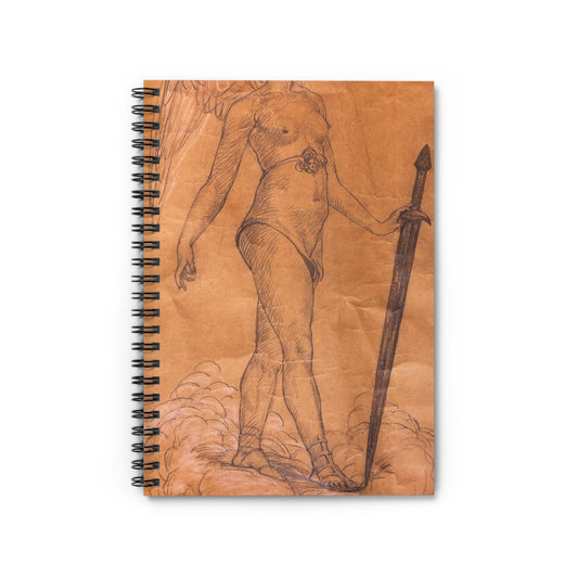 A drawing of an angel holding a sword. Woman breasts sword, beauty fashion. Spiral Bound Ruled Notebook with Printed Cover