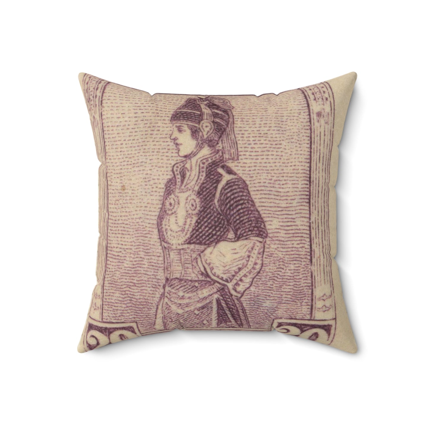 Frimärke ur Gösta Bodmans filatelistiska motivsamling, påbörjad 1950.Frimärke från GRekland, 1927. Motiv av Mecedonisk dräkt. Decorative Accent Square Pillow