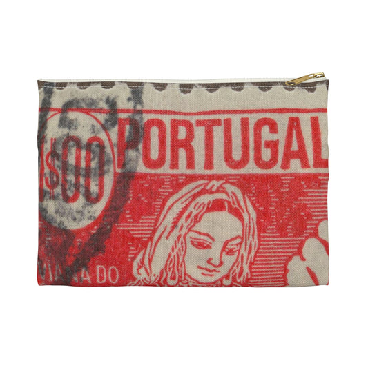 Frimärke ur Gösta Bodmans filatelistiska motivsamling, påbörjad 1950.Frimärke frånPortugal, 1941. Motiv av garnspinnande med slända. "Kvinna från Viana do Castelo". Large Organizer Pouch with Black Zipper