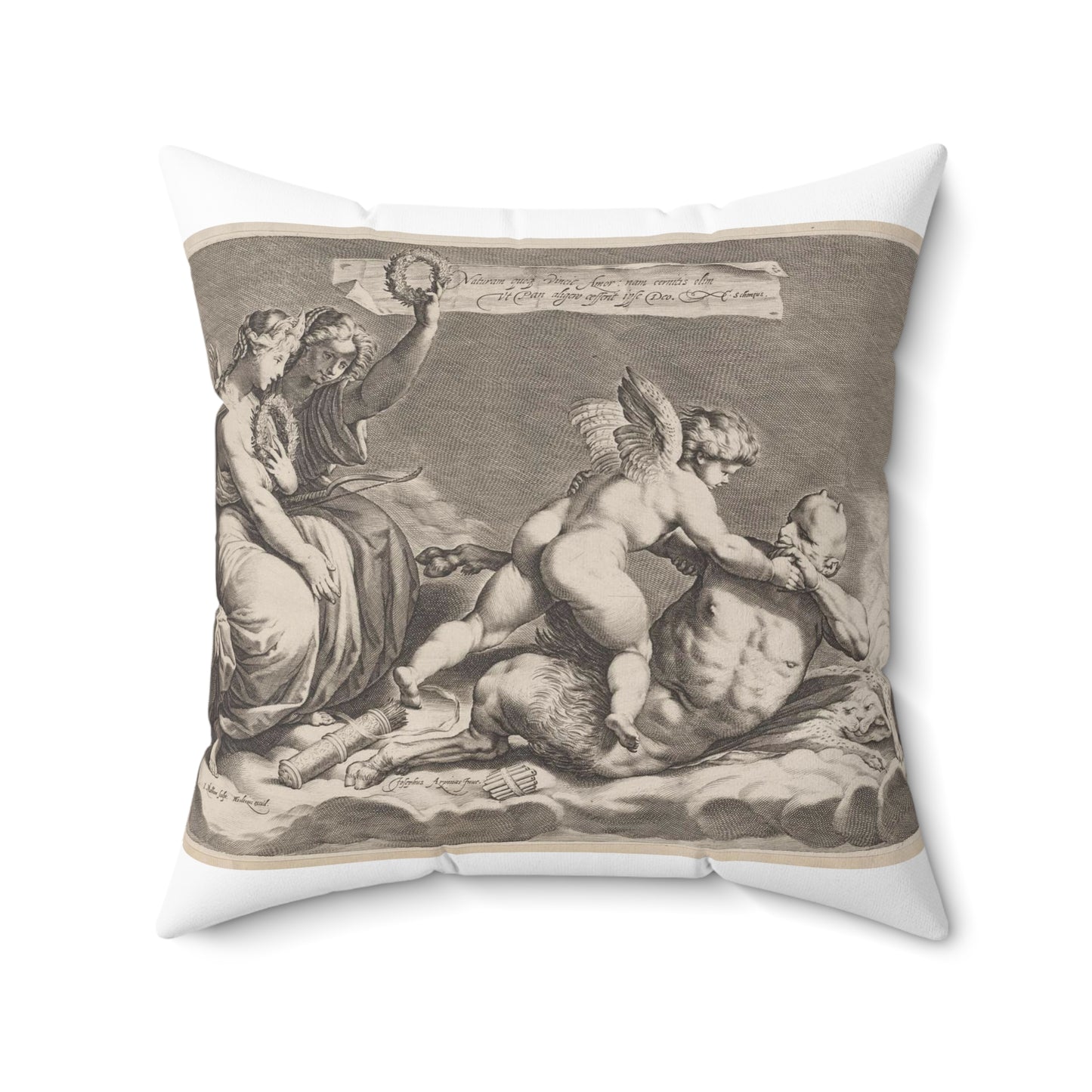 Cupid wrestling with Pan, amongst the clouds, with two allegorical women seated at left Decorative Accent Square Pillow