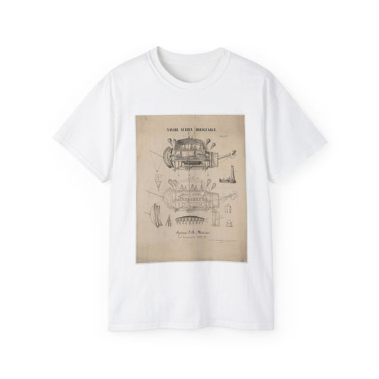 Patent drawing - Navire aérien dirigeable. Systême J.B. Métivier, force ascensionnelle 90,000 kos. Public domain  image White T-Shirt Gildan 2000 Cotton Unisex