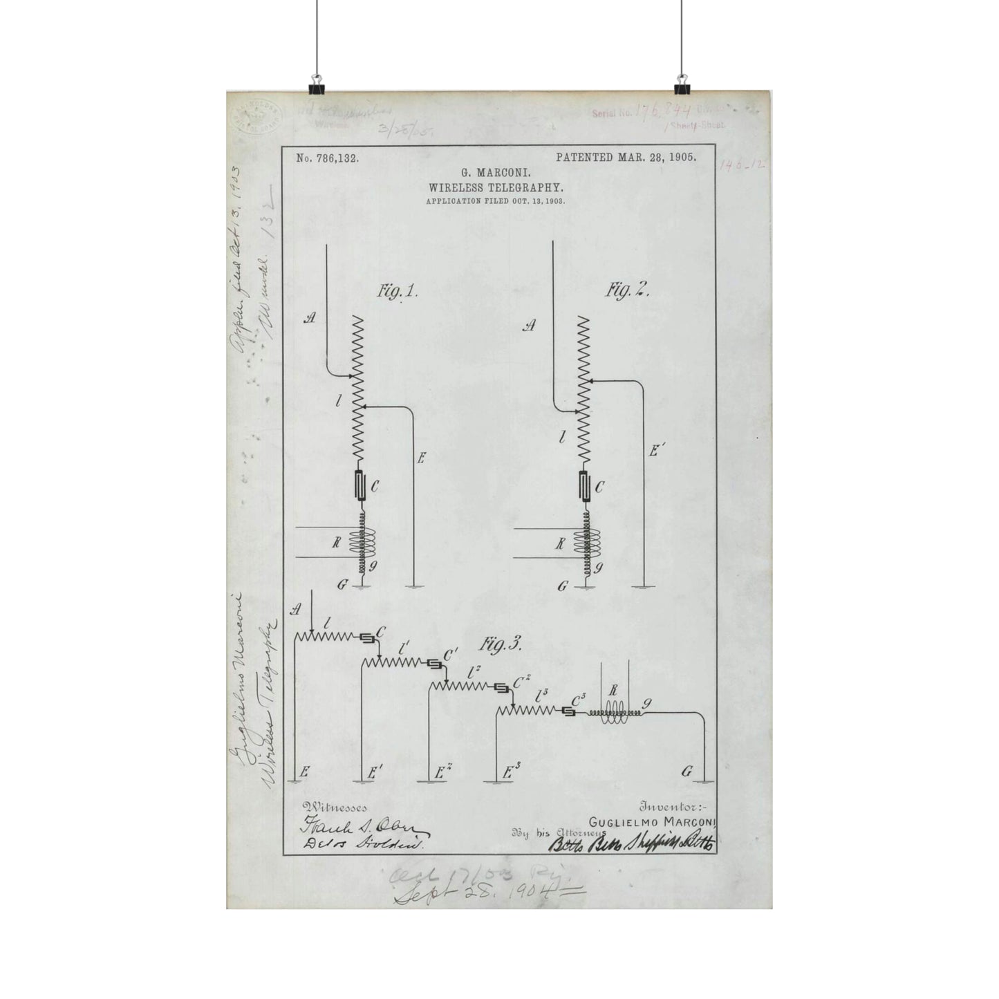 Patent drawing - for G. Marconi's Wireless Telegraphy Public domain  image High Quality Matte Wall Art Poster for Home, Office, Classroom