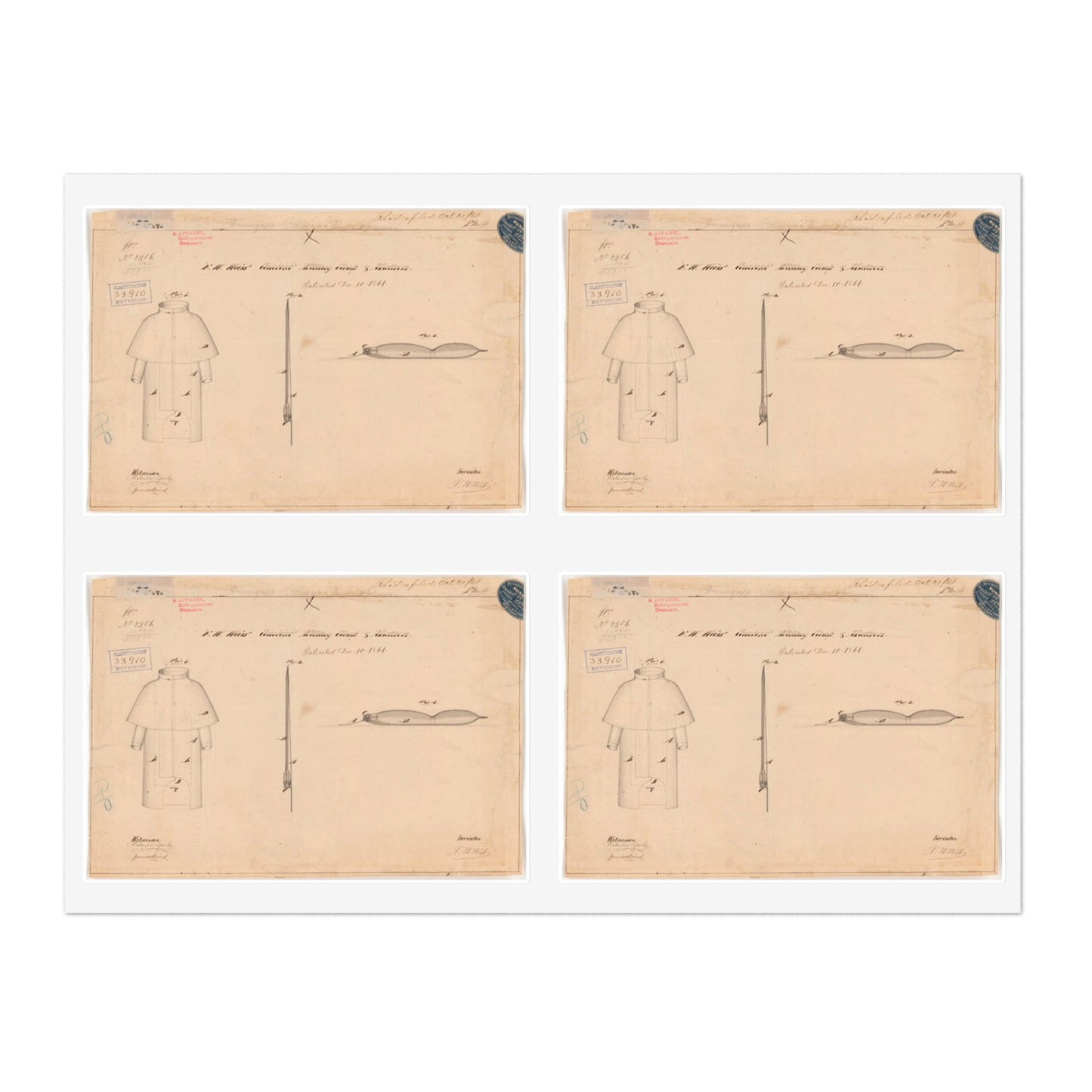 Patent drawing - Drawing of Combined Military Cloak and Mattress Public domain  image Laminated UV Protective Vinyl Stickers