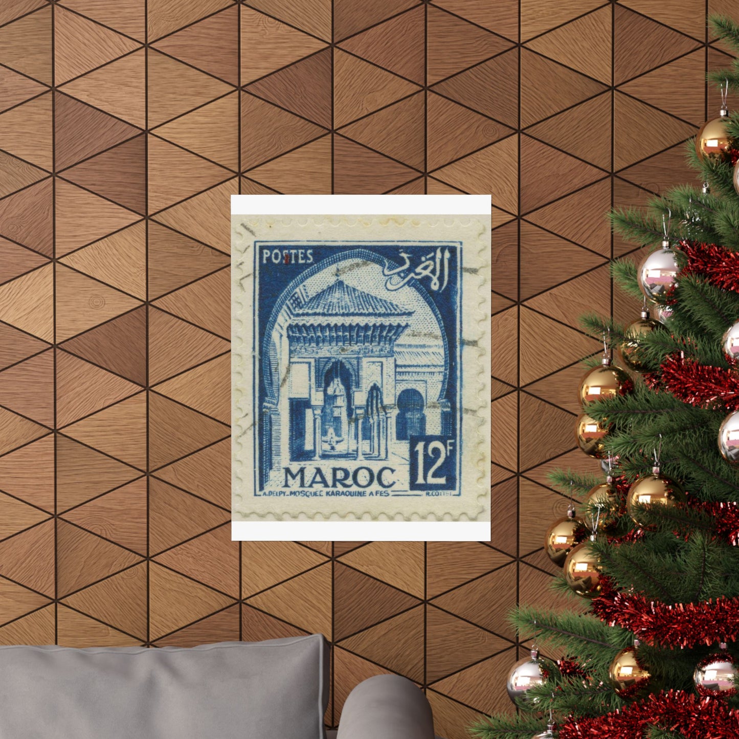 Frimärke ur Gösta Bodmans filatelistiska motivsamling, påbörjad 1950.Frimärke från Franska Marocko, 1951. Motiv av moskéen Karaouin. High Quality Matte Wall Art Poster for Home, Office, Classroom
