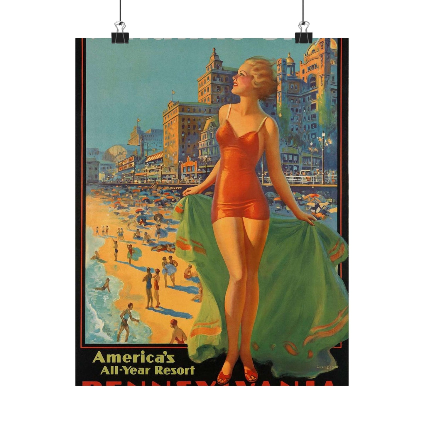 Atlantic City— America’s All-Year Resort, Pennsylvania Railroad, painting by Edward Mason Eggleston High Quality Matte Wall Art Poster for Home, Office, Classroom