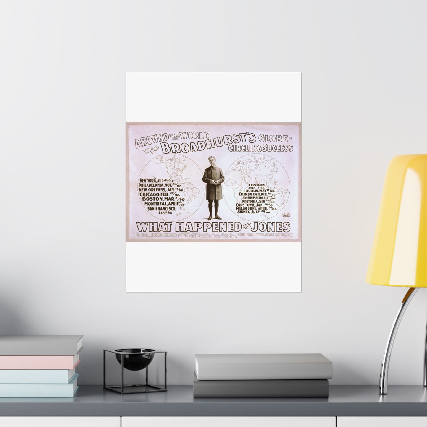 Around the world with Broadhurst's globe-circling success, What happened to Jones by George H. Broadhurst, author of Why Smith left home, The wrong Mr. Wright, The house that Jack built, etc. High Quality Matte Wall Art Poster for Home, Office, Classroom