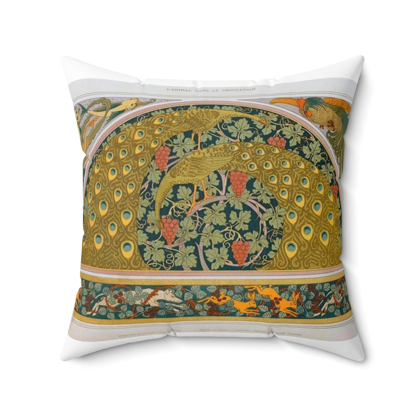 Poissons et algues, coq, écoinçon; paons et vigne; lièvres, chiens et ronces, bordure Decorative Accent Square Pillow