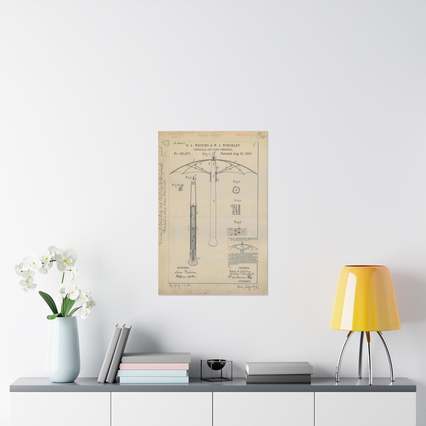 Patent drawing - for H. A. Whiting and W. J. Winghart's Umbrella and Cane Combined Public domain  image High Quality Matte Wall Art Poster for Home, Office, Classroom