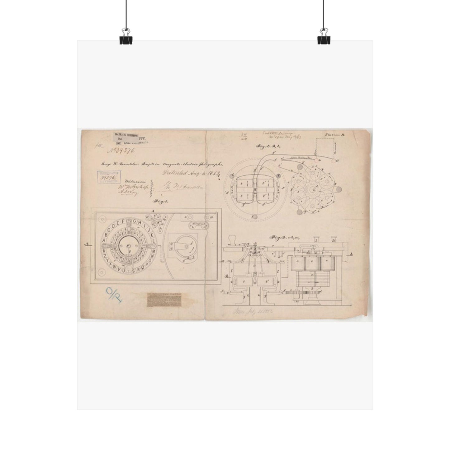 Patent drawing - Drawing of Improvements in Magneto-electric Telegraphs Public domain  image High Quality Matte Wall Art Poster for Home, Office, Classroom