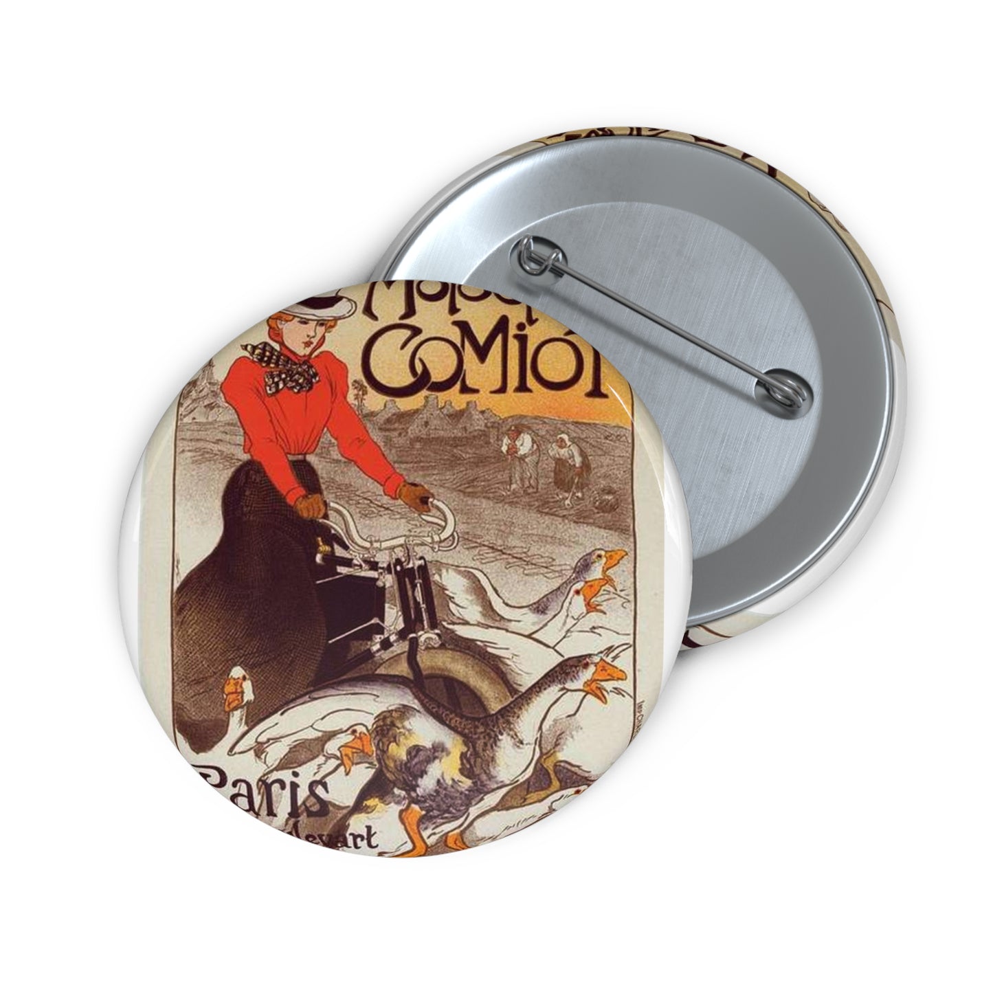 Affiche pour les "Motocycles Comiot". Pin Buttons with Crisp Design