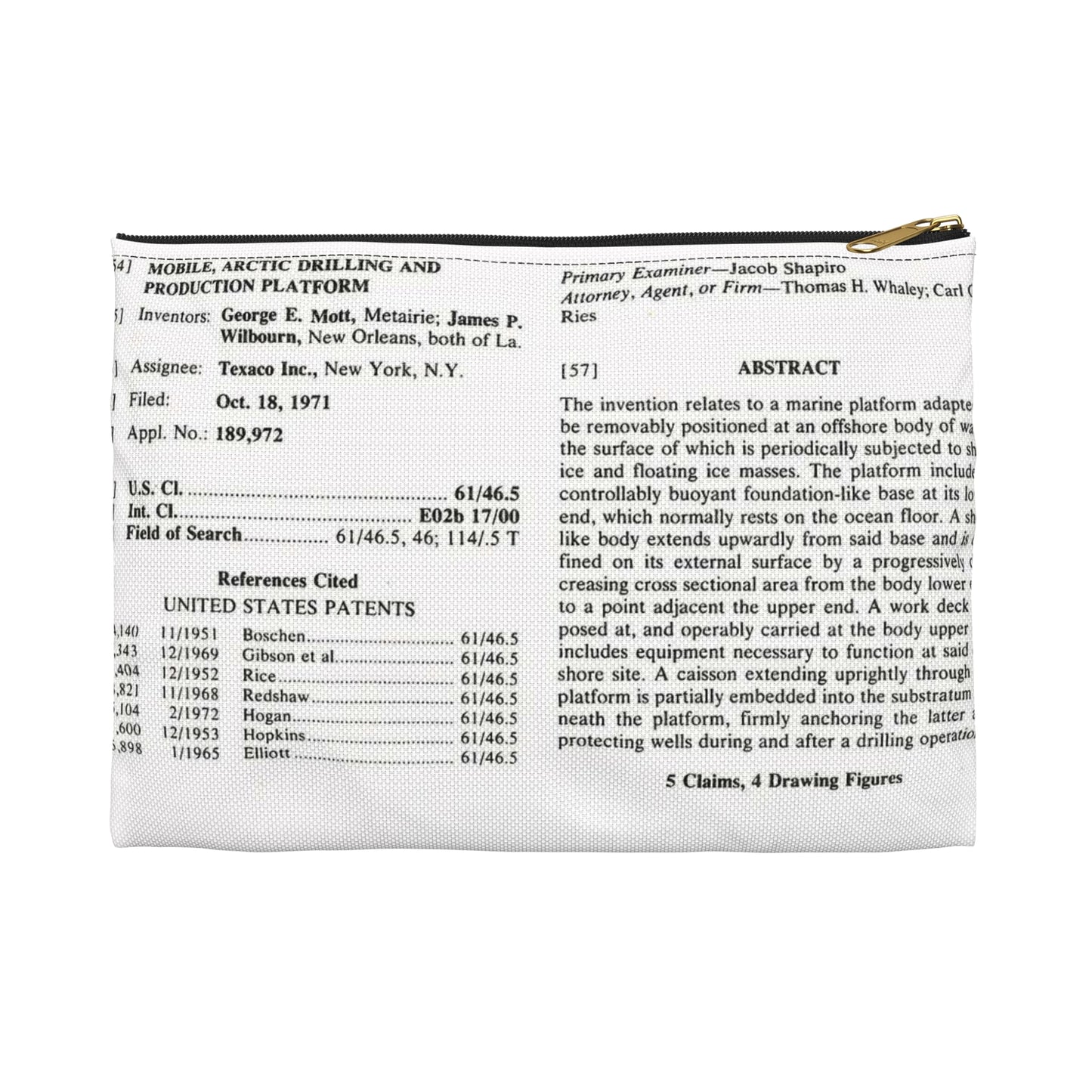 Patent Case File No. 3,793,840, Mobile Arctic Drilling and Production Platform, Inventor(s)- George E. Mott and James P. Wilbourn. - DPLA - 8f260bf2cd8926afbf4da017454f39b3 (page 6) Large Organizer Pouch with Black Zipper