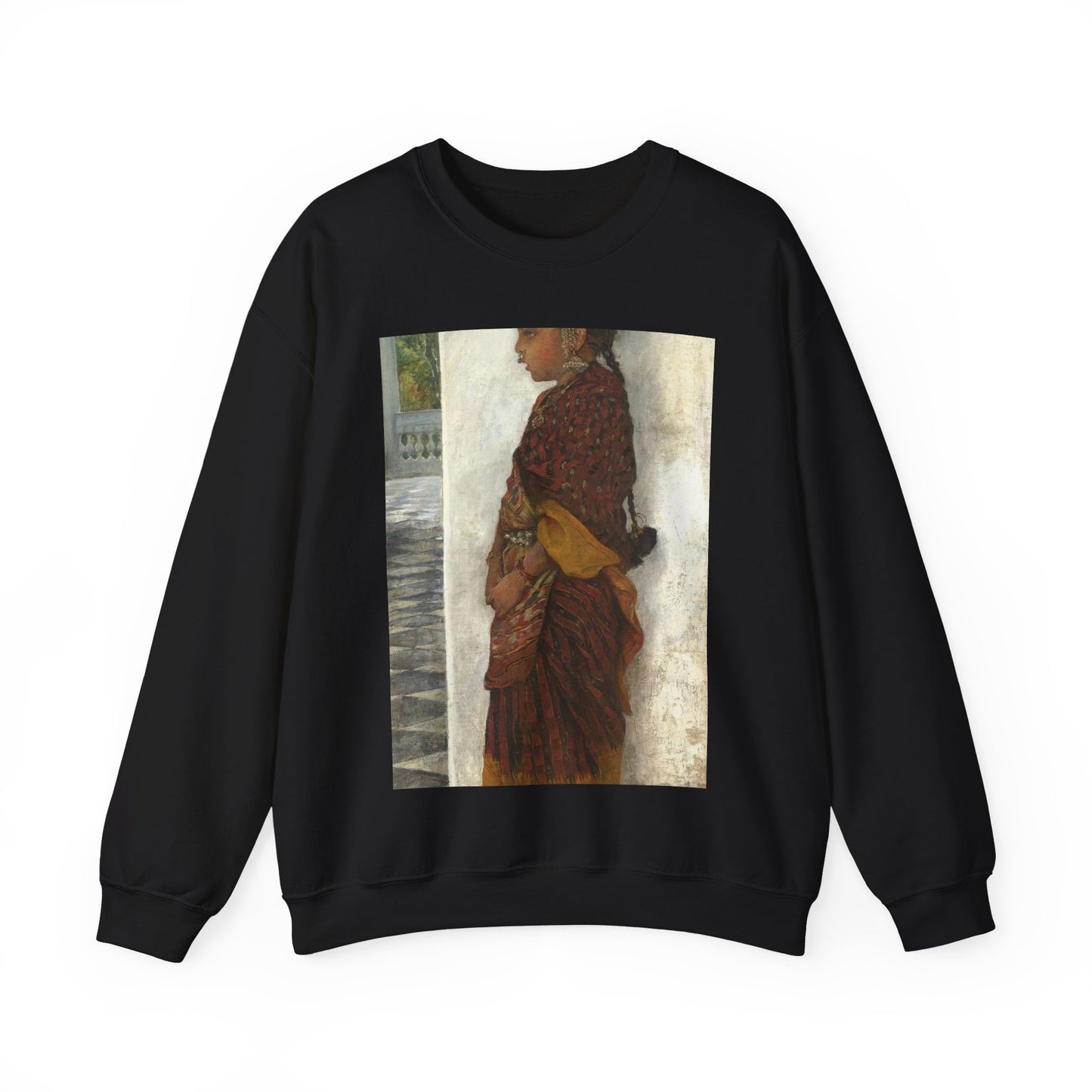 Hermann Linde - Girl standing in a veranda wearing a Pochampalli sari (ca.1895) Black Heavy Blend Adult Crew Neck SweatShirt