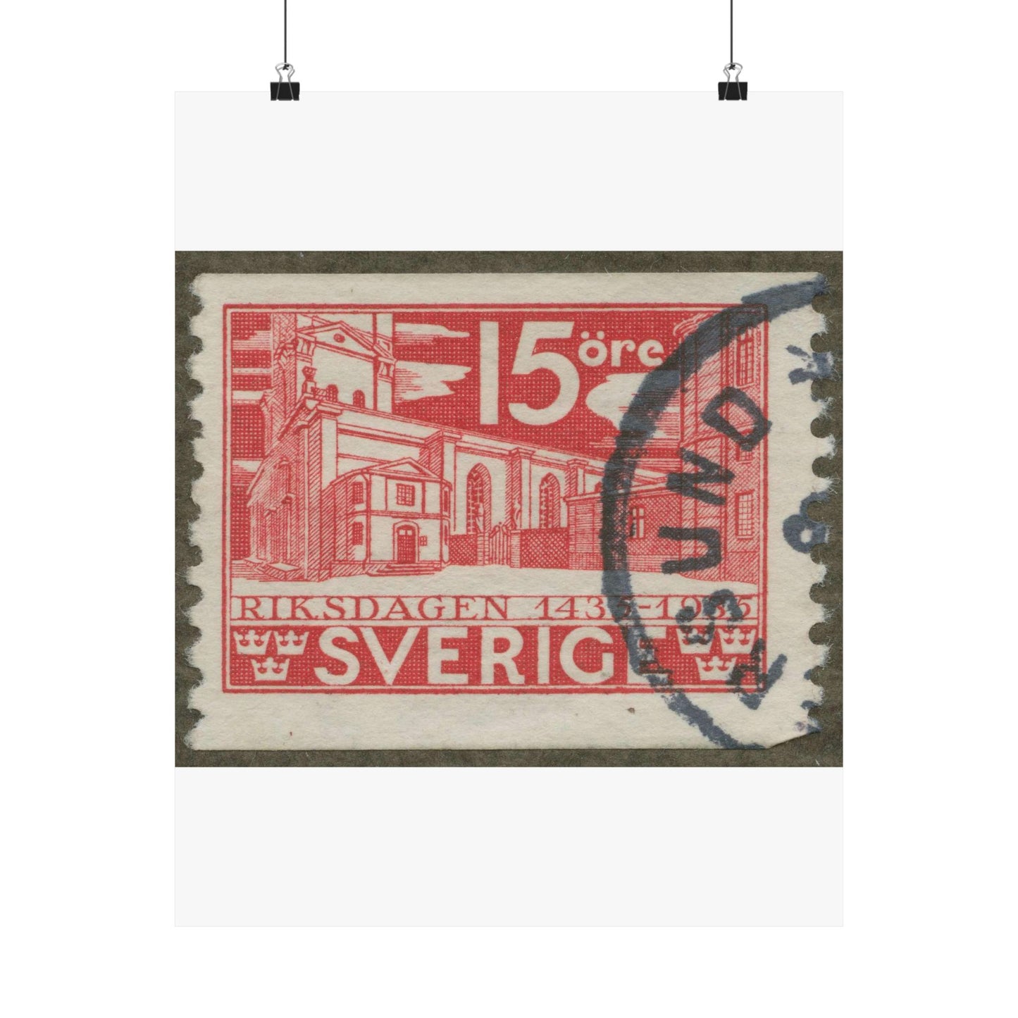 Frimärke ur Gösta Bodmans filatelistiska motivsamling, påbörjad 1950.Frimärke från Sverige. Motiv av Storkyrkan i Stockholm. "Den svenska riksdagen 500 år 1435-1935". High Quality Matte Wall Art Poster for Home, Office, Classroom