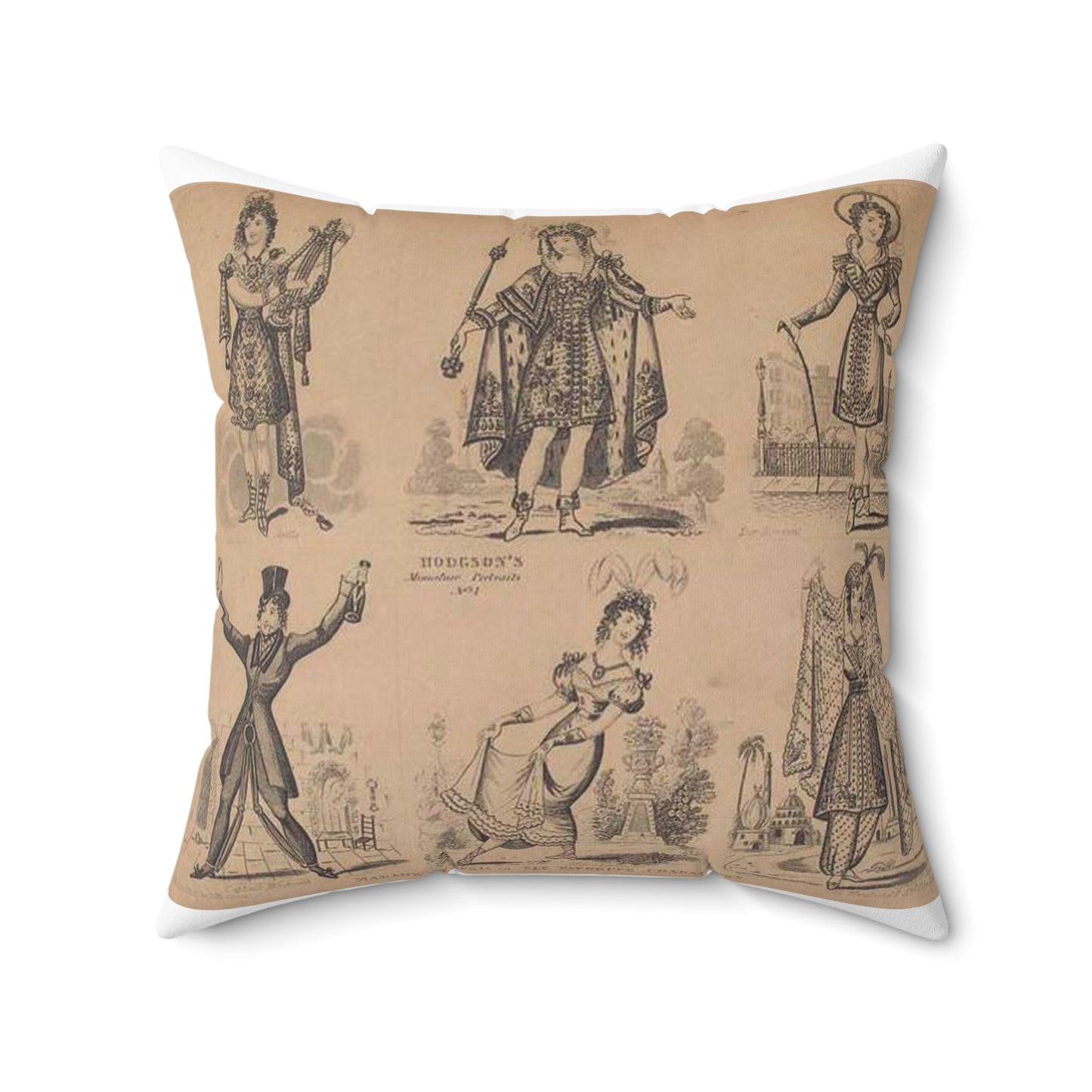 Madame Vestris in six favorite characters (Apollo, Page, Don Giovanni, Captain Macheath, Maria Darlington, and Mandane) Decorative Accent Square Pillow