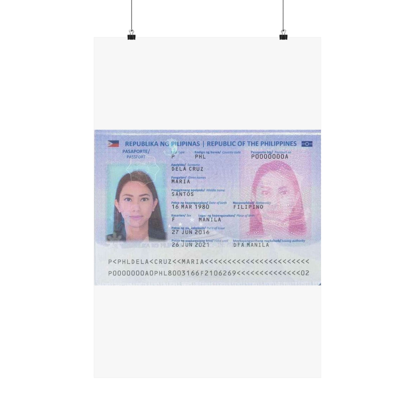 Philippine passport (2016 edition) data page (cropped) High Quality Matte Wall Art Poster for Home, Office, Classroom