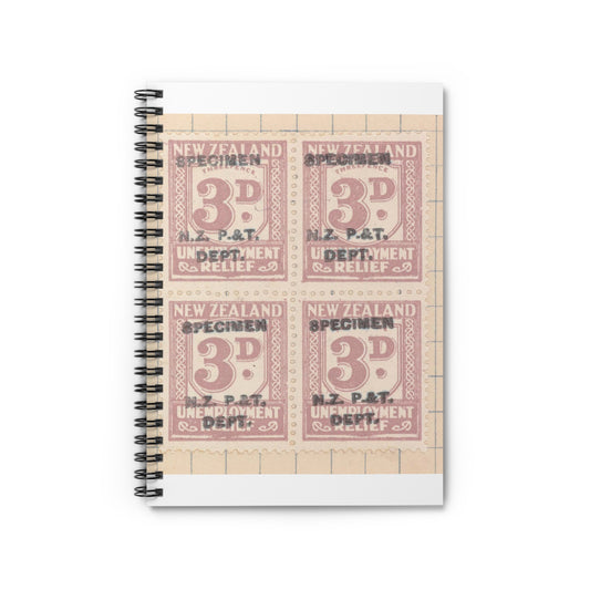 Block of three penny Unemployment Relief stamps overprinted 'Specimen' Spiral Bound Ruled Notebook with Printed Cover
